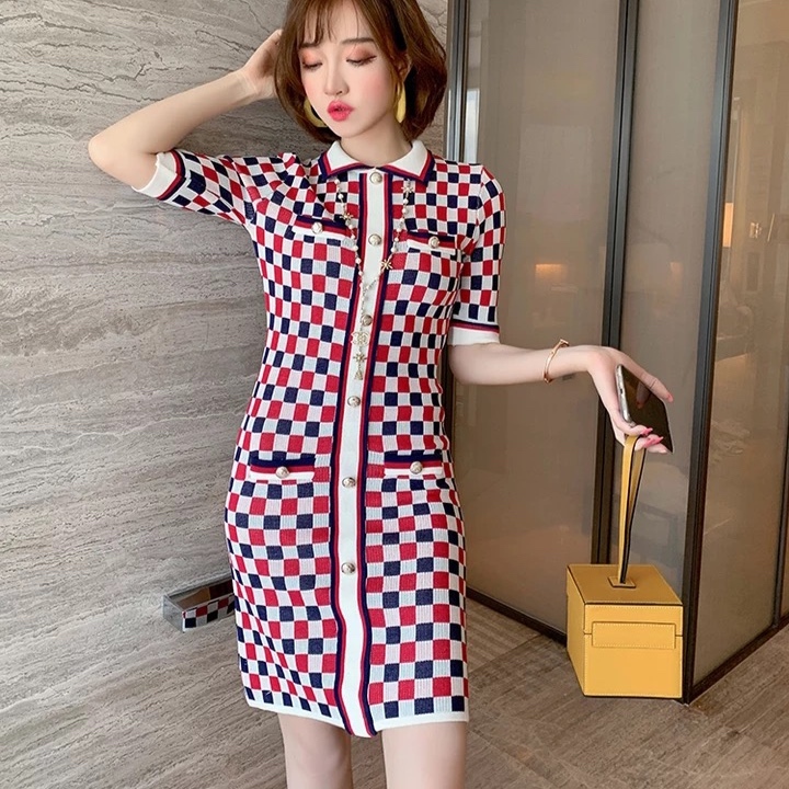 予約 ブロックチェックニットワンピース Mapretty