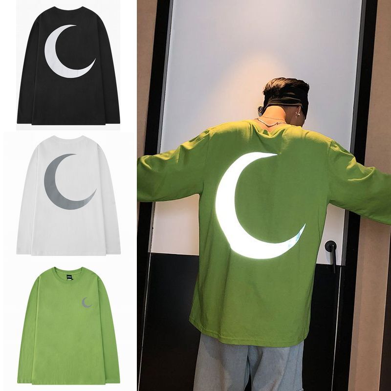 韓国ファッション ロングTシャツ ユニセックス 長袖 Tシャツ メンズ レディース 三日月 反射プリント ラウンドネック オーバーサイズ 大きいサイズ ストリート