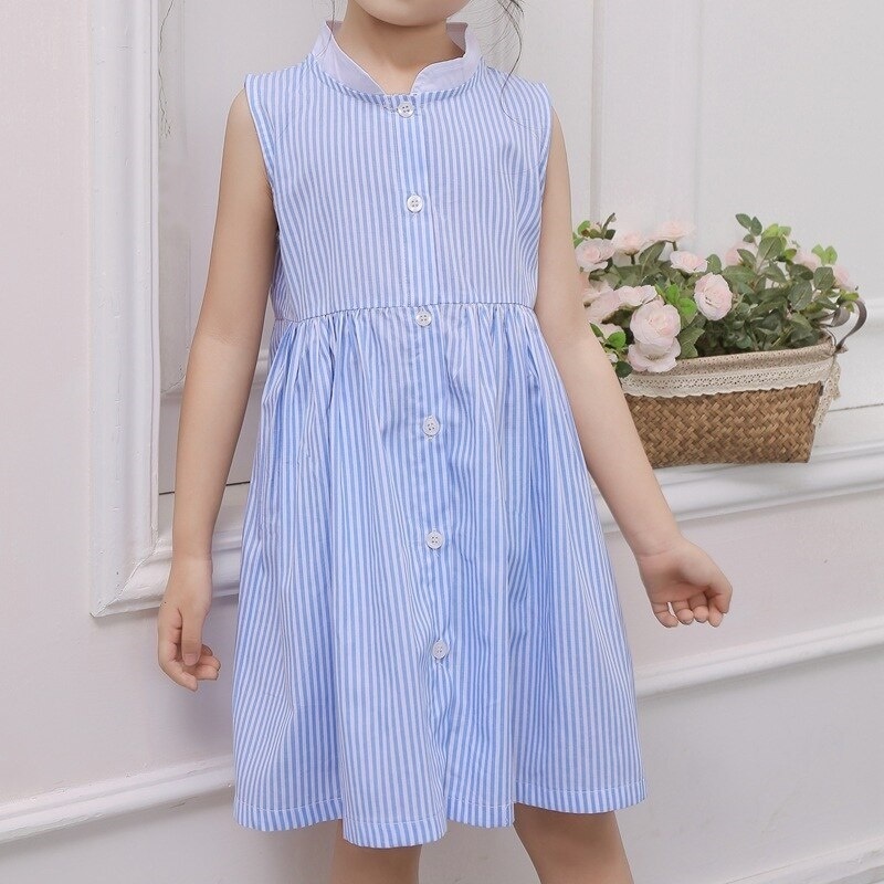 子供服 ワンピース 女の子 キッズ ベビー ノースリーブ 襟付き 膝丈 ドレス ストライプ ブルー コットン 90 150cm R33 海外子供服専門通販サイト リーファ