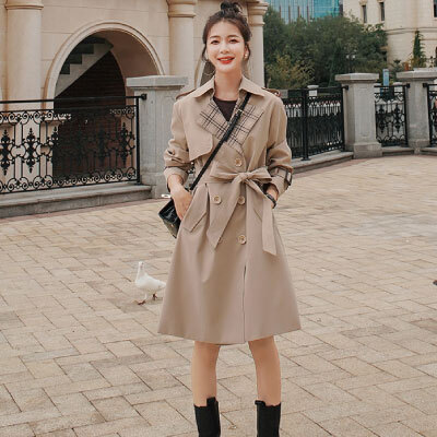 変形トレンチ チェック柄 バックシャン トレンチコート コンビ バイカラー 切り替え ロングコート ロング丈 シンプル ベージュ カーキ アウター レトロ 秋コート 春コート 茶 秋冬 おしゃれ きれいめ プチプラレディースファッション通販 Yboueki