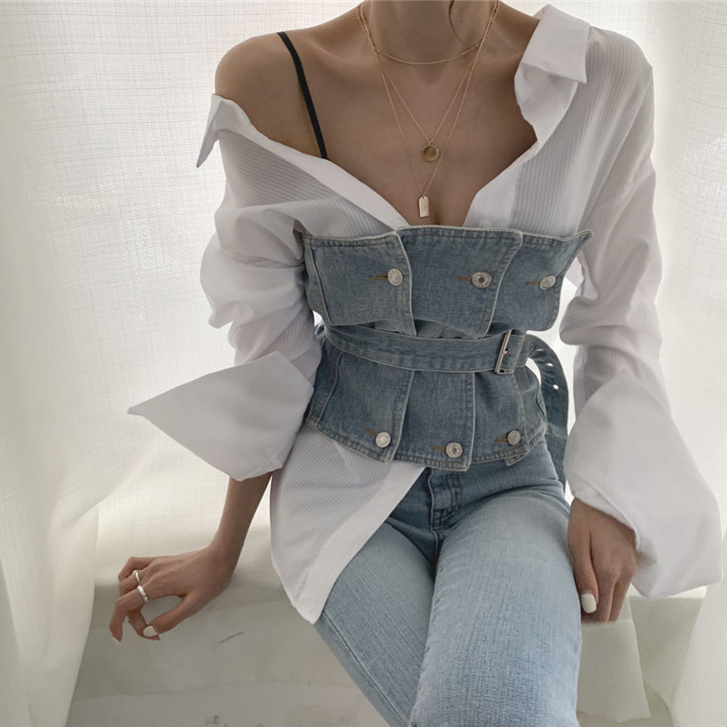 シャツ トップス レディース ブラウス デニム 2点セット 白シャツ 長袖 チューブトップ おしゃれ かっこいい 春 夏 秋 セットアップ ビスチェ 個性的 セクシー カジュアル バンドー ベルスリーブ オフショルダー デニム オーバーサイズ ドロップショルダー 無地 ベルト