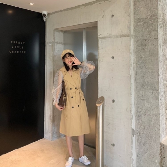 アウター ワンピース チュール ドット トレンチ風 フェミニン オルチャンファッション 韓国ファッション 韓国ファッション Ol Chan