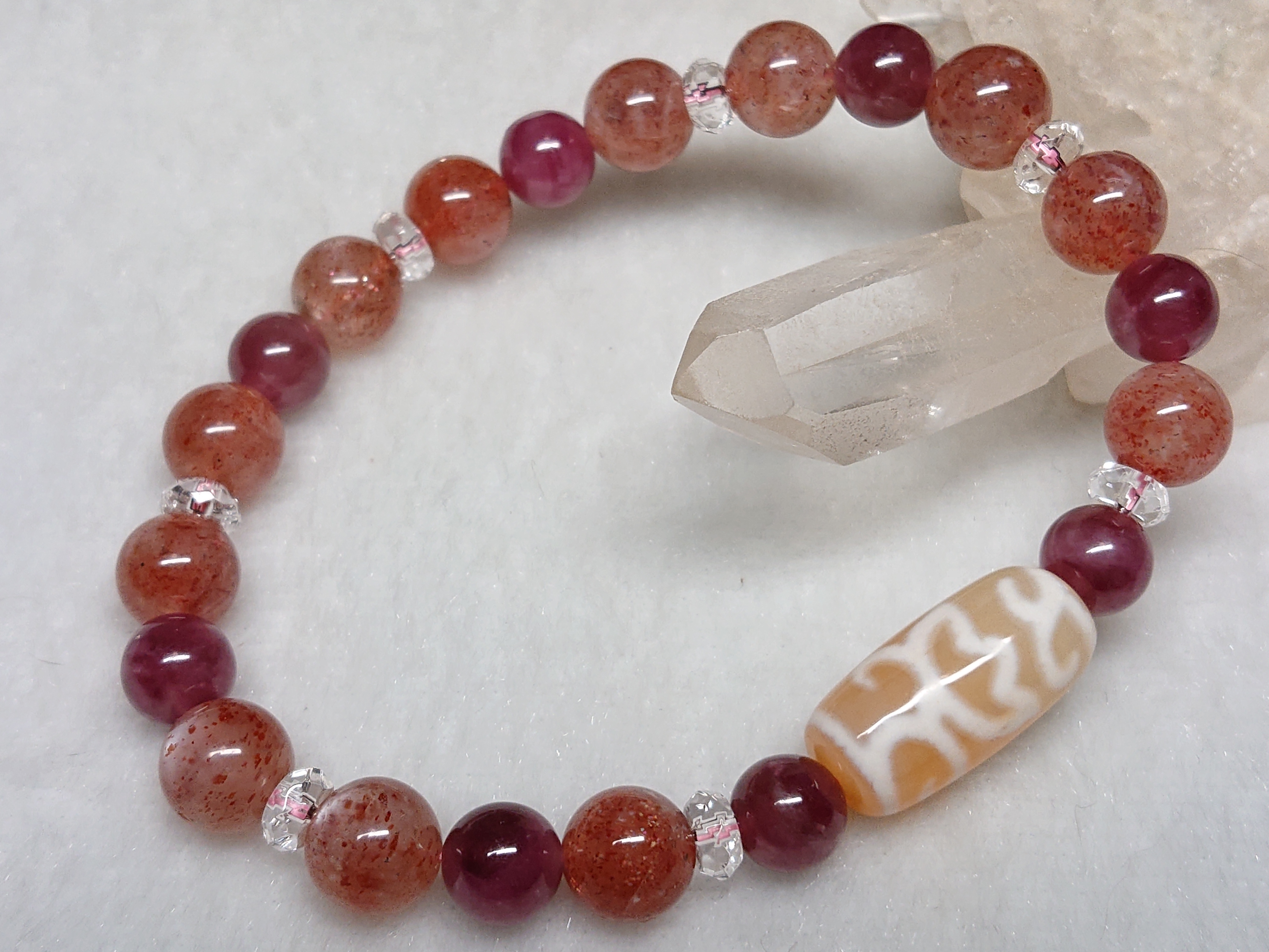 夕焼けの蓮 心の真理 橙 水蓮花天珠 チベット老玉髄天珠 ピンクトルマリン ピンクサンムーンストーン 癒の石 アンモニャイト