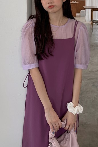 パフスリープシースルートップス サイドリボンロングワンピースセット 0225 Amu