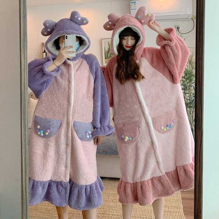 ふわもこ ゆめかわパジャマ 部屋着 レディース ピンク 紫 パープル 長袖 厚手 秋冬 秋 冬 フリル 着ぐるみ ネグリジェ フード ルームウェア ゆめかわいい ゆめかわ 大きいサイズ Ll 3l 4l 大きいサイズ専門店 Rubys