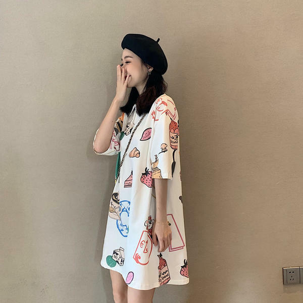 プリント シャツワンピース 柄ワンピース ロングtシャツ かわいい ゆる スイーツ 食べ物 Sweetly