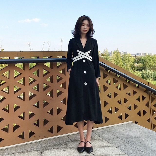 モノトーン スリット入りワンピース ワンピース 長袖 ひざ下 ミモレ丈 Vネック Aライン ハイウエスト ボタン 秋冬 A0961 Colorful Closet おしゃれなトレンド海外レディースファッション通販 カラフルクローゼット