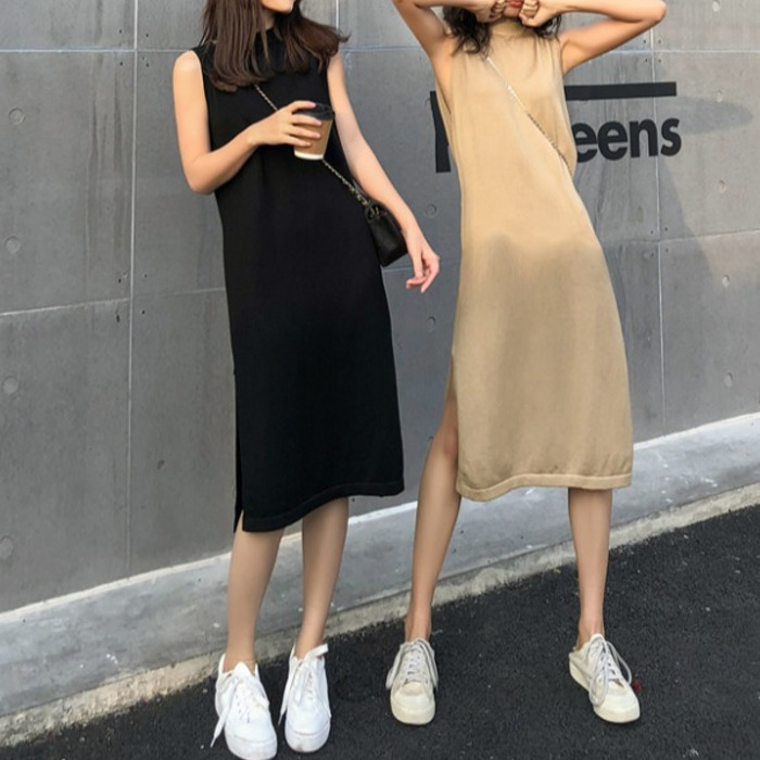 レディース ワンピース 夏 ドレス Tシャツワンピ ストレート クルーネック ノースリーブ 黒 ベージュ シンプル カジュアル スリット Seashore