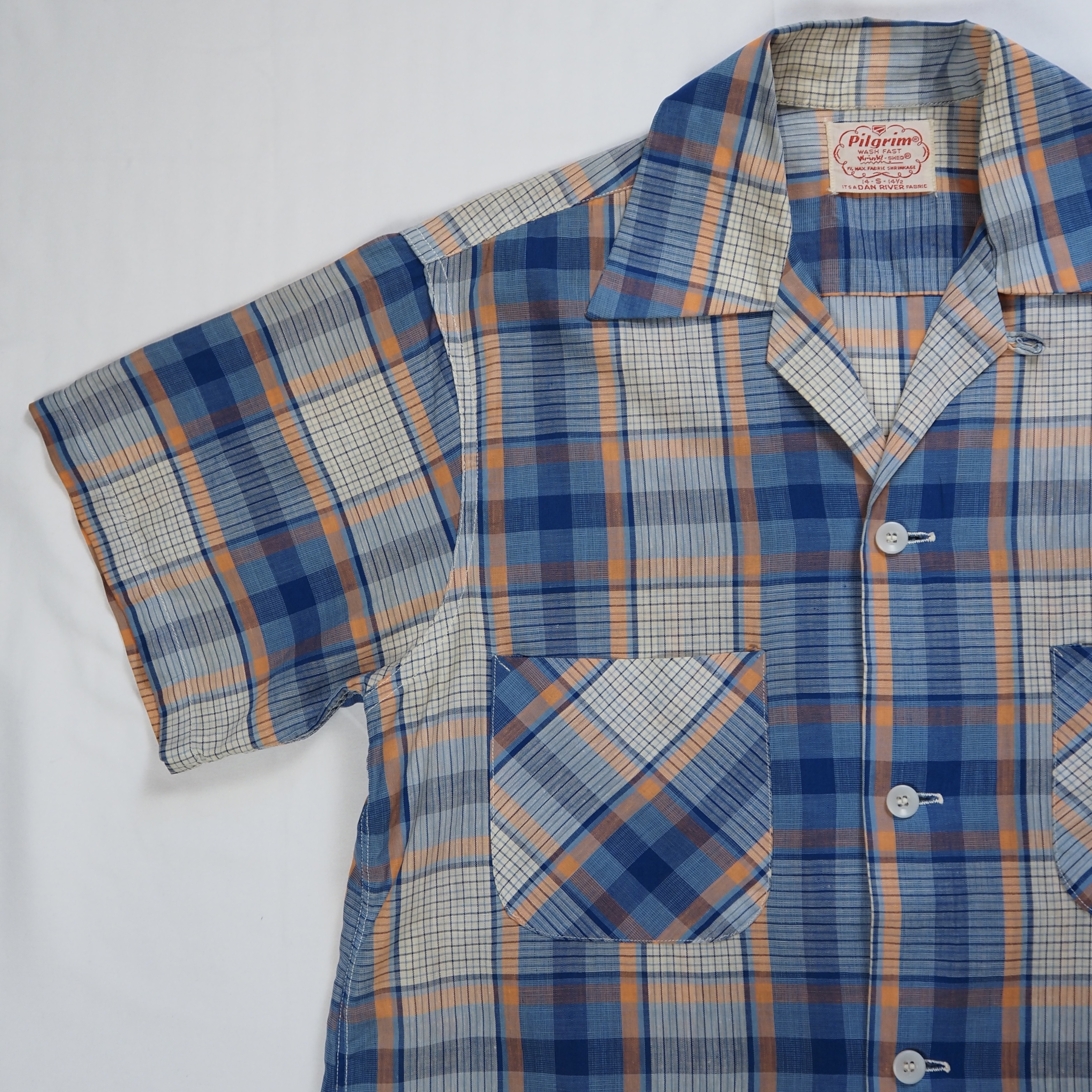 50’s Pilgrim 半袖コットンシャツ ブルー×オレンジ Sサイズ の画像 6