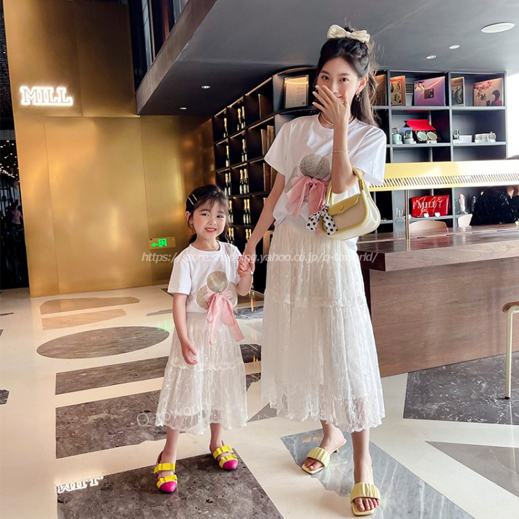 90 140 トップス スカート リボン 麦わら帽子 2点セット ママサイズ有 親子コーデ 女の子 韓国子供服 子供服 キッズ Q Toworld キュートワールド 子供服 メール便は何点でも送料の合計は280円