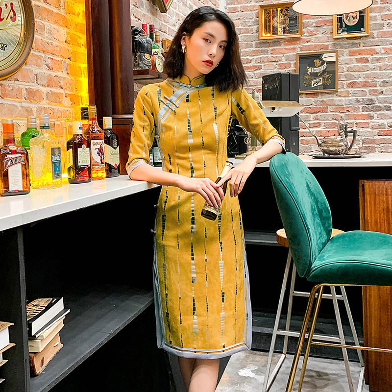 ロング丈チャイナドレス スエードチャイナドレス チャイナ風ワンピース ロングドレス 五分袖 大きいサイズ S M L Ll 3l 民国風 エレガント チャイナ風服 イエロー 黄色い Dresszone