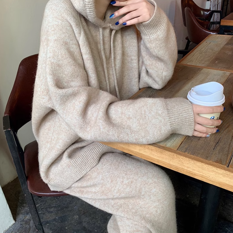 トップス パンツ 部屋着 セットアップ ストレートパンツ 長袖 Vネック フード ストレート Iライン ふわふわ ポケット ハイウエスト 伸縮性 ニット 大人可愛い きれいめ シンプル カジュアル