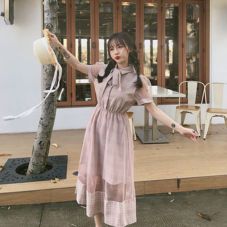 ワンピース ひざ下丈 半袖 チェック柄 Aライン ゆったり 透け感 リボンタイ シースルー 大人可愛い カジュアル ガーリー お出かけ デート 女子会 Sl1199 Shinelively シャインライヴリィ