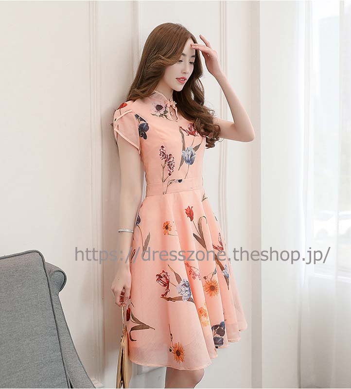 ショート丈ワンピース カジュアルワンピース レディースファション チャイナ風ワンピース 普段着 デート 女子会 プレゼント 通勤 S M L Ll 文芸的 気質良い レトロ 合わせやすい 半袖 プリント スタンドネック 花柄 Dresszone