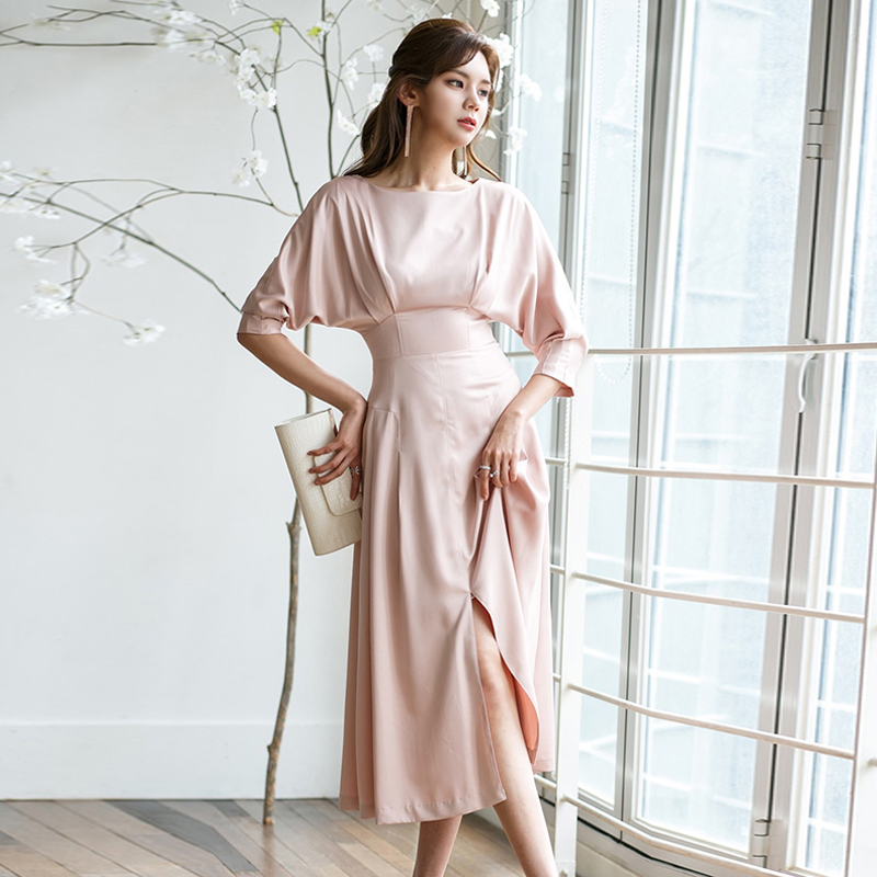 ワンピース ひざ下丈 七分袖 ボリューム袖 無地 大人可愛い フォーマル お出かけ デート 女子会 ハイウエスト Sl19 Shinelively シャインライヴリィ