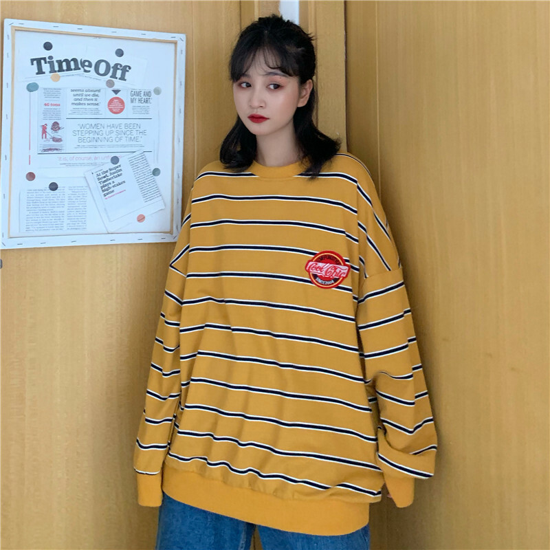 トレーナー長袖 ゆったり ボーダー ワンポイント 韓国ファッション オルチャンファッション 韓国ファッション/OlChan♡