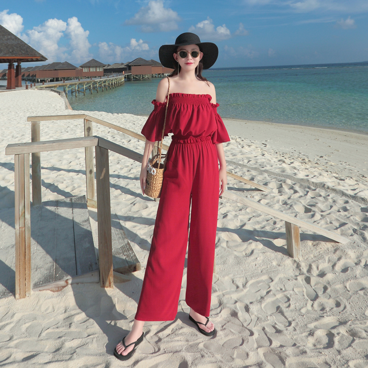 送料無料 ビビッド ワインレッド オフショルダー フリル シャーリングゴム デタッチドスリーブ フレアスリーブ トップス ウエストゴム ワイドレッグパンツ セットアップ フェミニン キュート エレガント ツーピース リゾート バカンス 旅行 ホリデー デート お出かけ