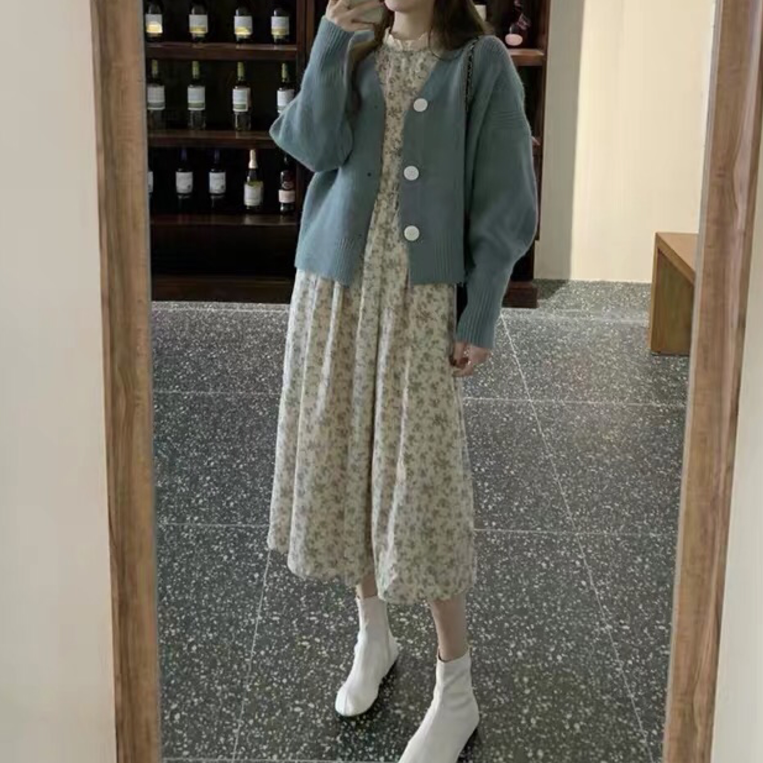 フェミニン 花柄シフォンワンピースカーディガンセットアップ A0858 Retro N