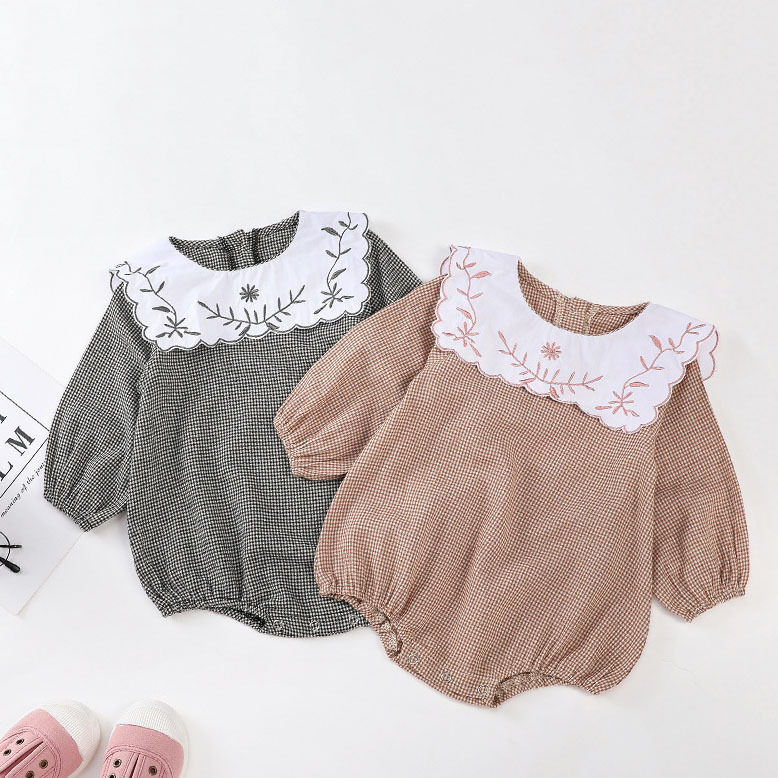 全2色 長袖 ロンパース ギンガムチェック 格子柄 襟付き ビッグカラー セーラー 刺繍 ワンピース スモック カバーオール ボディスーツ ブラウス かわいい 茶 黒 春 秋 子供 キッズ ベビー 赤ちゃん 女の子 Mo300 Mona モナ セレクトショップ ベビー キッズ