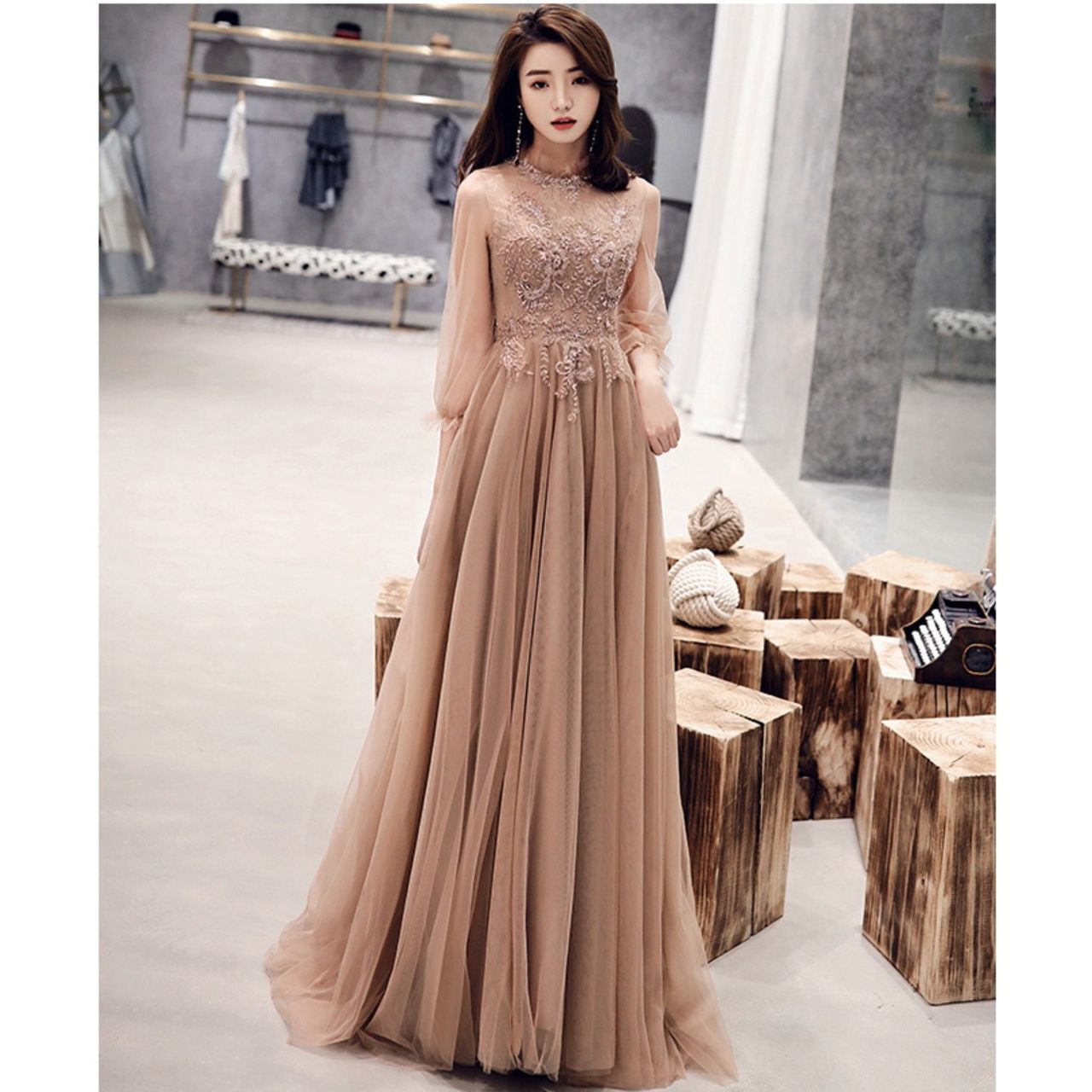 ドレス ワンピース ロングドレス マキシ丈 長袖 ブライズメイド 結婚式 二次会 演奏会 パーティ 街角のカフェテラス