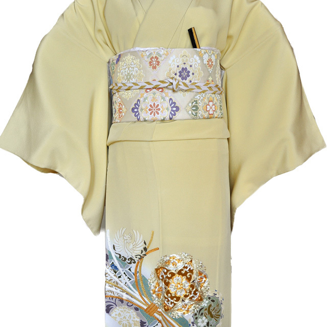 レンタル色留袖■高級加工■鮮やかな黄色地に金彩刺繍で熨斗目 花輪005【往復送料無料】 - 画像1