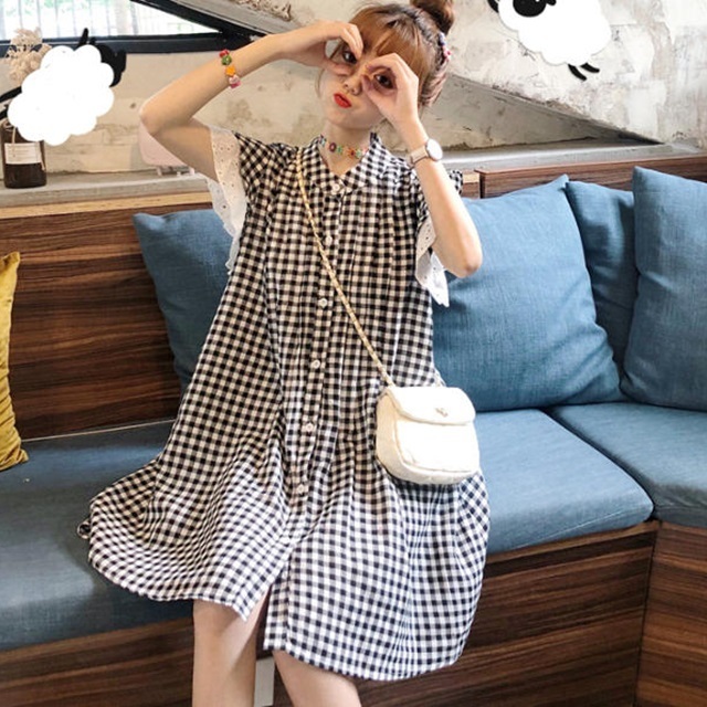 送料無料 ギンガムチェック ワンピース 膝丈 重ね着風 フリル レース フレンチスリーブ ゆったり ガーリー フェミニン レトロ お揃いコーデ 双子 コーデ ガーリーコーデ イベント お出かけ デート 普段使い デイリー Op 123iu ワンピースコーデのお店 Flower Silhouette