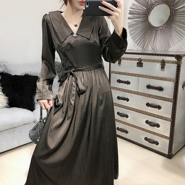 ワンピース スカート ロング丈 サテン 光沢 ハイウエスト ウエストベルト 襟付き クラシカル 長袖 秋 冬 シンプル Op 0053 Y Orurea Berry オルレアベリー
