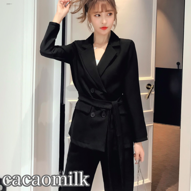 ブラック ツーピース スーツ ワイドレッグパンツ ジャケット 韓国ファッション レディース 人気韓国レディース ファッション Cacaomilk カカオミルク