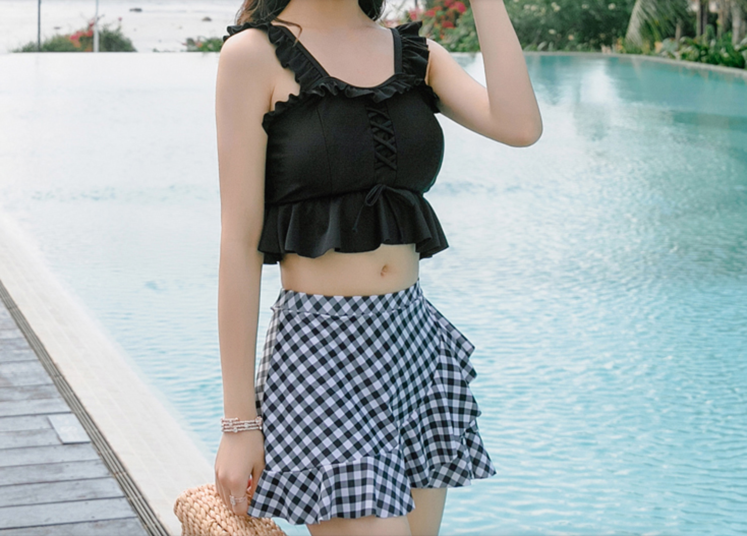 水着 ビキニ 夏 海 セットアップ 花柄 チェック かわいい 上下セット 花柄 セクシー かわいい フリル 韓国ファッション Sweetly