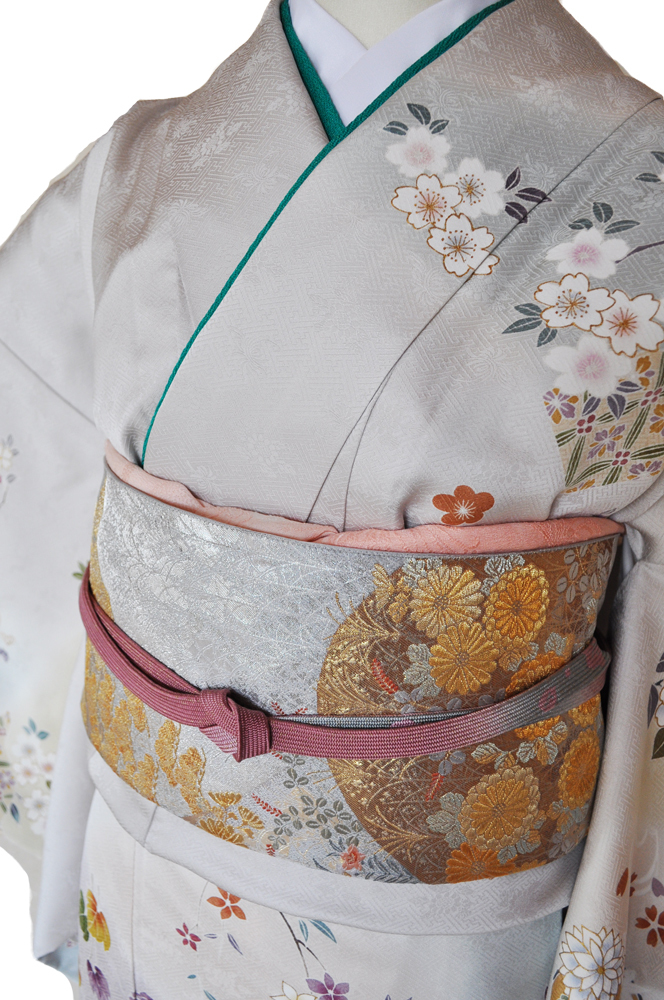 訪問着レンタル■上品な薄グレー地に菊や桜の花柄■正絹フリーサイズhu8〔往復送料無料〕 - 画像3