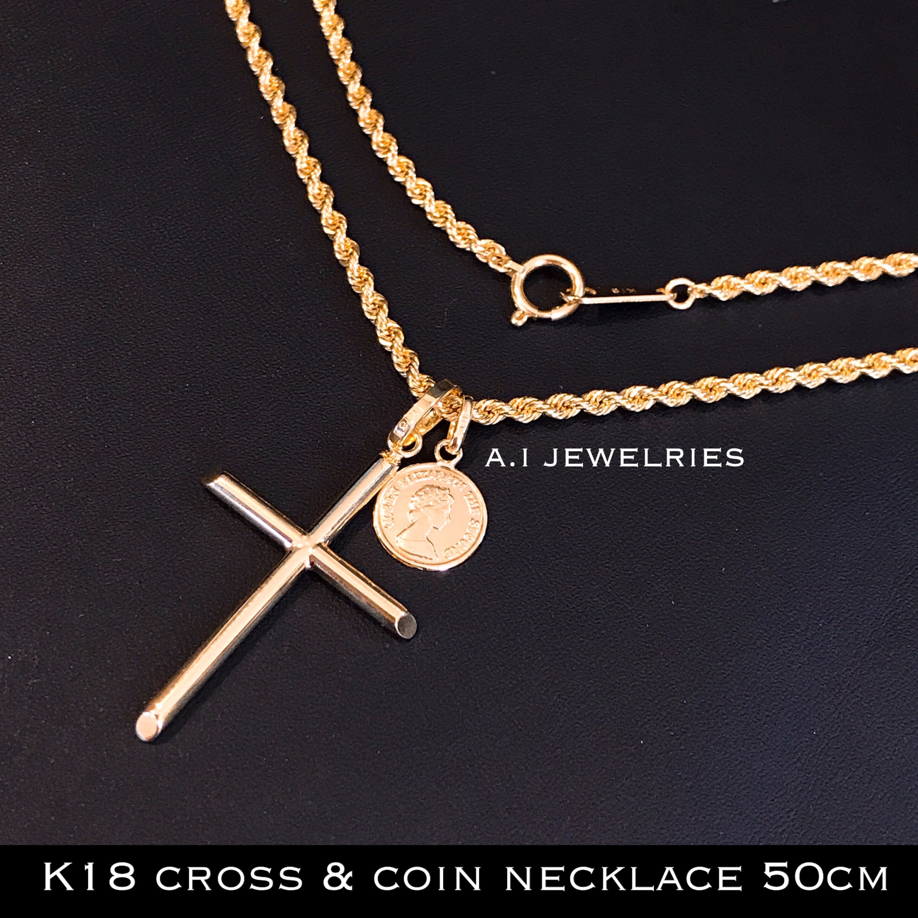 ネックレス メンズ 18金 クロス ロープ コイン ダブル ペンダント 新品 K18 Rope Cross Coin Necklace A I Jewelries エイアイジュエリーズ