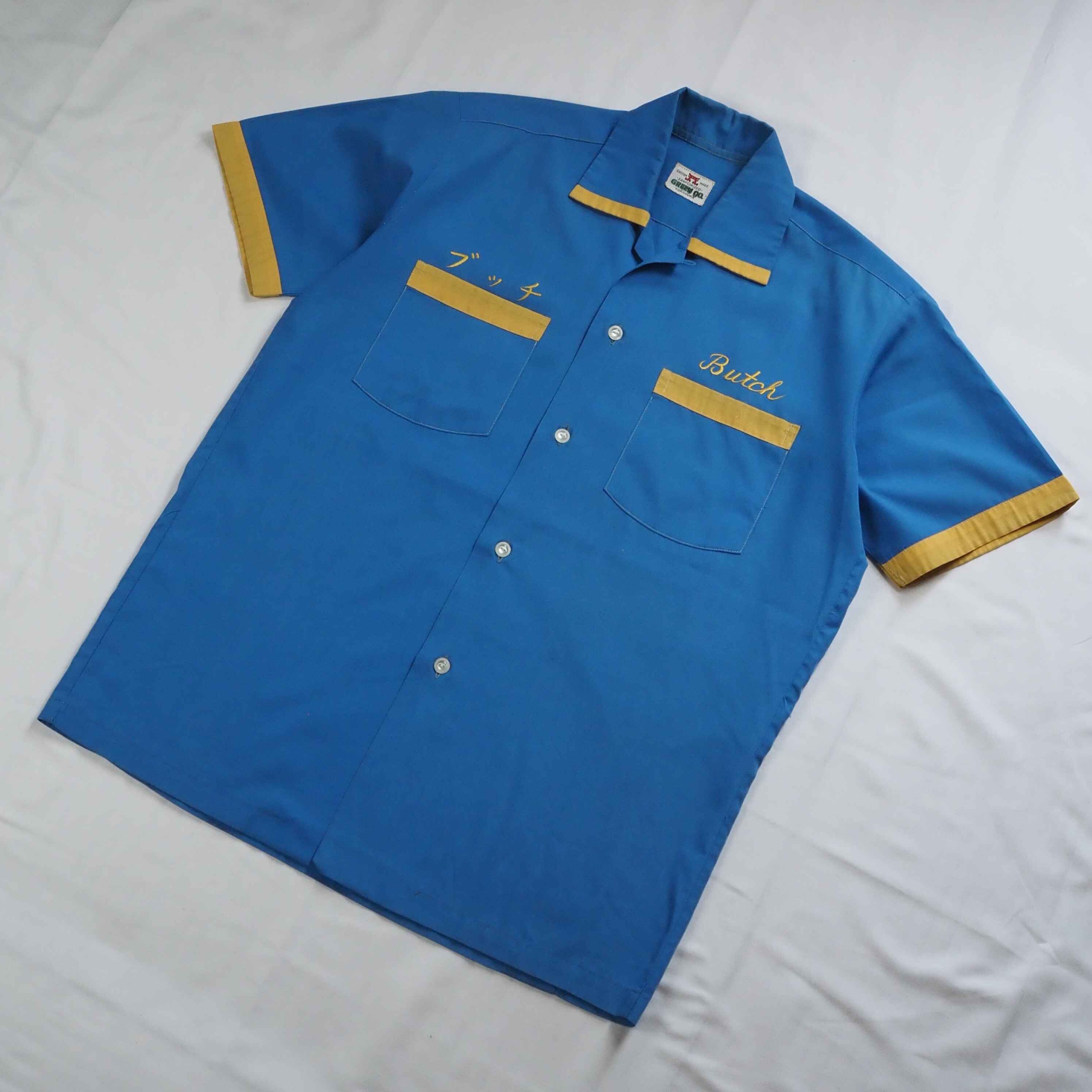 60's ボーリングシャツ ブルー×イエロー Mサイズ程度 グッドコンディション の画像 3