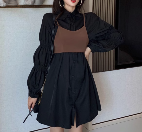 二点セット ツーピース レディース ワンピース ビスチェ シャツワンピ ミニ ショート 膝丈 長袖 ボリューム袖 パフスリーブ ランタンスリーブ Aライン バックリボン ウエストゴム かわいい