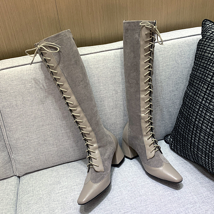 売り出し最安値 ロングブーツ 牛革 スエード レースアップ