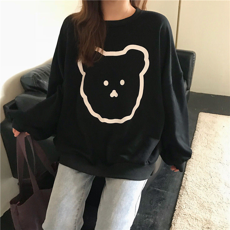 トップス レディース トレーナー スウェット プルオーバー オーバーサイズ 長袖 春 秋 冬 韓国 10代 代 30代 落ち感 ルーズシルエット ラウンドネック 長袖 ブラック 黒 熊 クマ デザイン カジュアル 可愛い トップス コーデ 無地 ゆったり 楽ちん ママ お出かけ