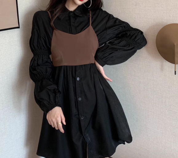 二点セット ツーピース レディース ワンピース ビスチェ シャツワンピ ミニ ショート 膝丈 長袖 ボリューム袖 パフスリーブ ランタンスリーブ Aライン バックリボン ウエストゴム かわいい