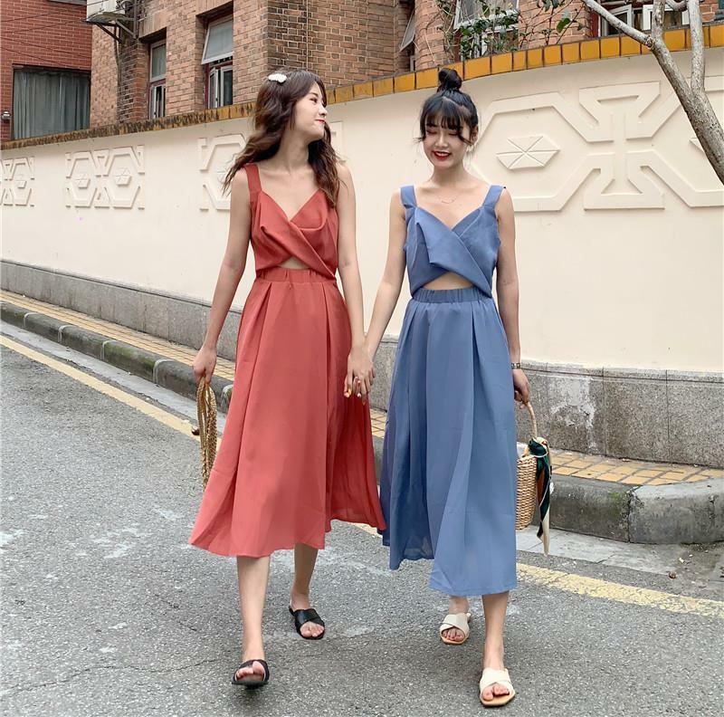 トレンド 夏物 新作 ワンピース ロング丈 ミモレ丈 へそ出し へそ見せ ノースリーブ フレアスカート フェミニン リゾート Ladys Paradise
