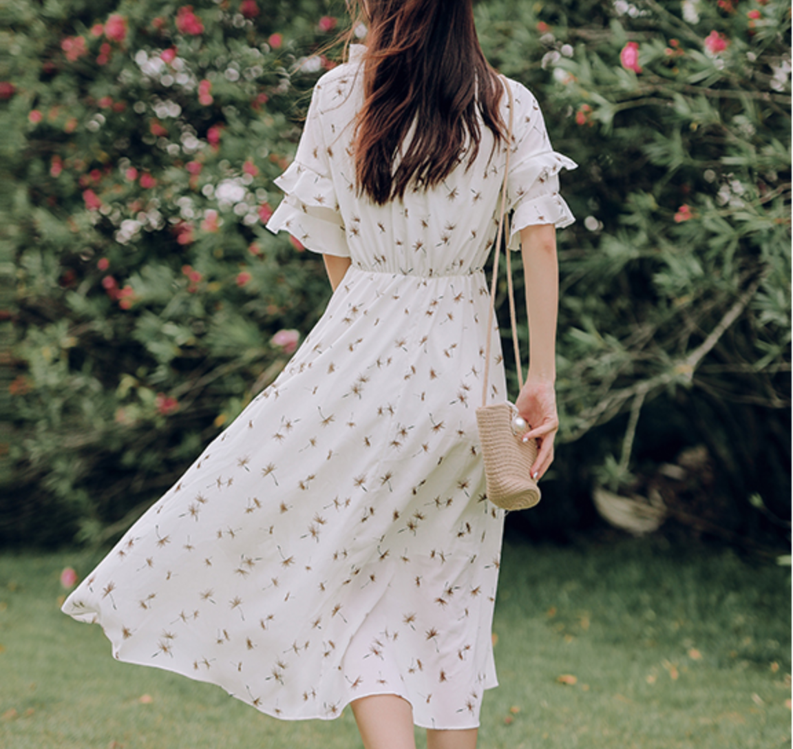 フリル ワンピース 夏 清楚 フレア ワンピ 流行 かわいい 柄 韓国 ロング 606 Sweetly