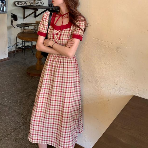 落ち着いたレッド格子柄ワンピース Retro Trend Style Trnd033 Re Tro 落ち着いたレッド格子柄ワンピース Retro Trend Style Trnd033 Re Tro