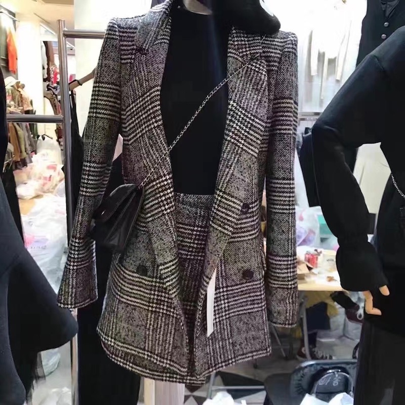 ツーピース グレンチェック柄 ダブルブレスト ラップスカート ミニ丈 オフィス ジャケットスーツ レディース Manajily オルチャン 韓国 プチプラレディースファッション