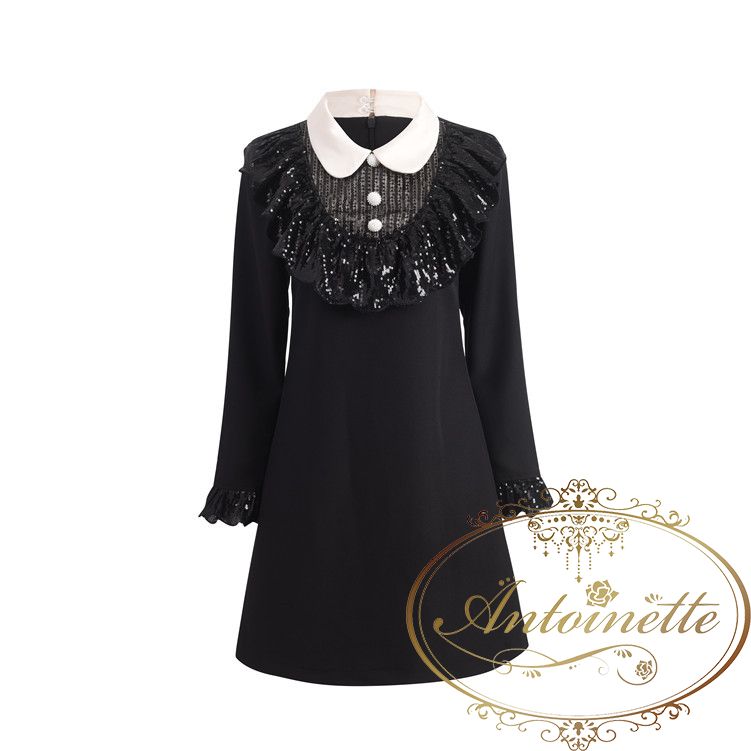 レディース ブラック ワンピース クラシック 黒 ゴシック 長袖 スパンコール Woman Black One Piece Dress Antoinette