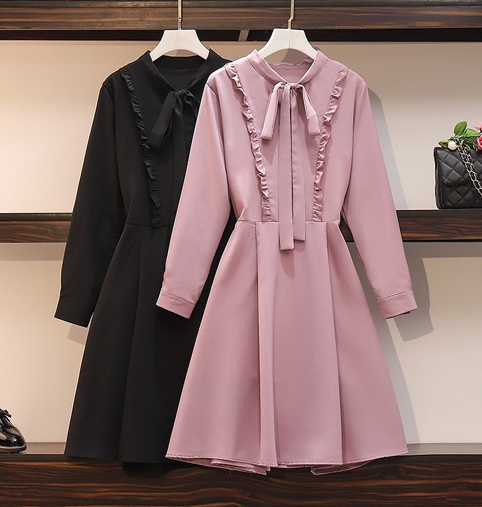 大きいサイズ レディース リボン付きワンピース フリル 春夏 長袖