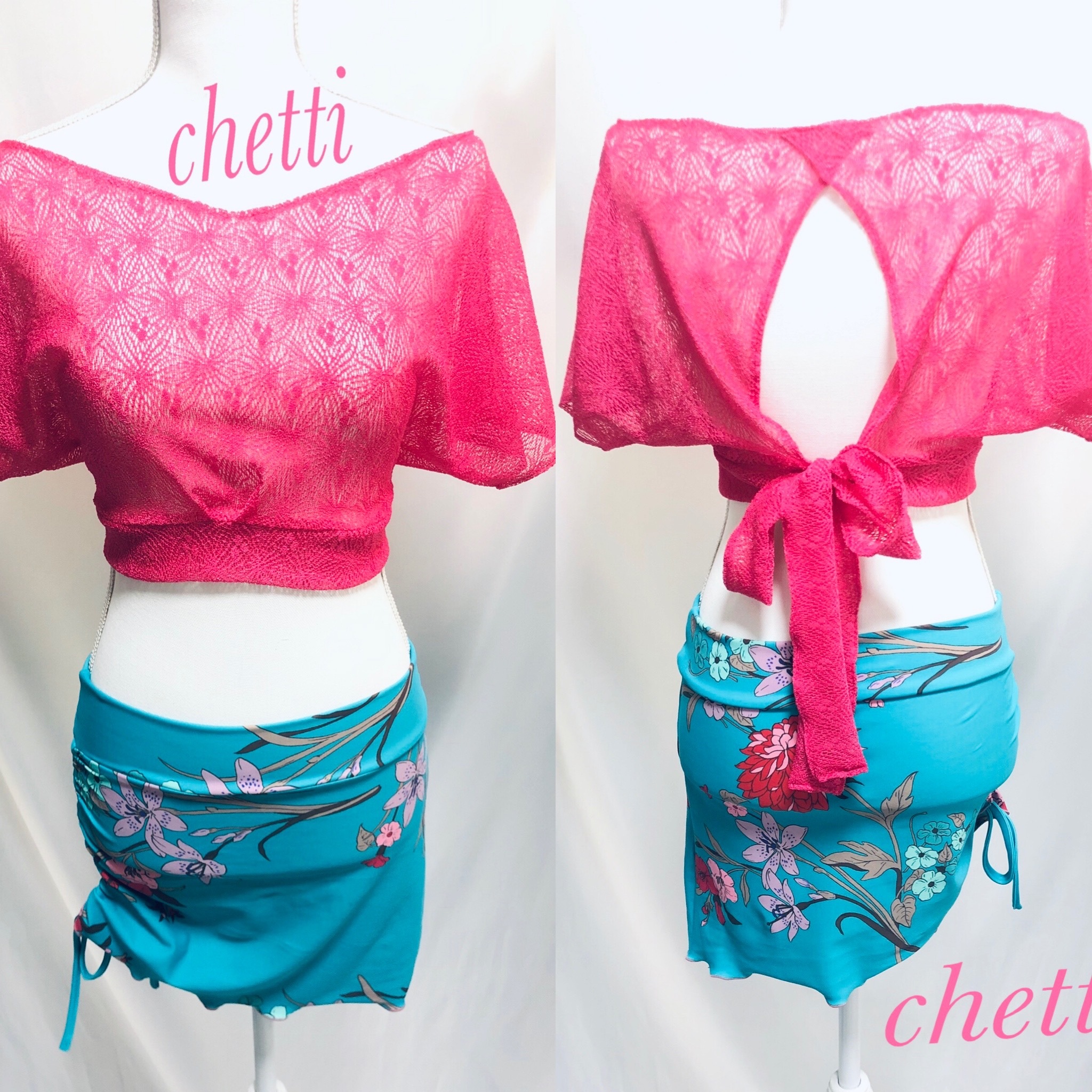 ピンク ターコイズ花柄ミニスカート セットアップ Fg 75 Chetti ベリーダンス オリエンタル レッスン 舞台