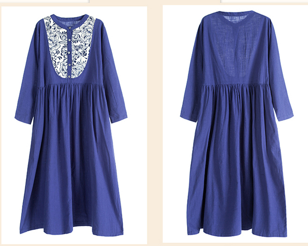 チャイナ風ワンピース ロング丈ワンピース 改良唐装 改良漢服 チャイナ風服 中華服 民族風 レトロ ラウンドネック 長袖 フリーサイズ 普段着 ゆったり 棉麻ワンピース ブルー 青い Dresszone