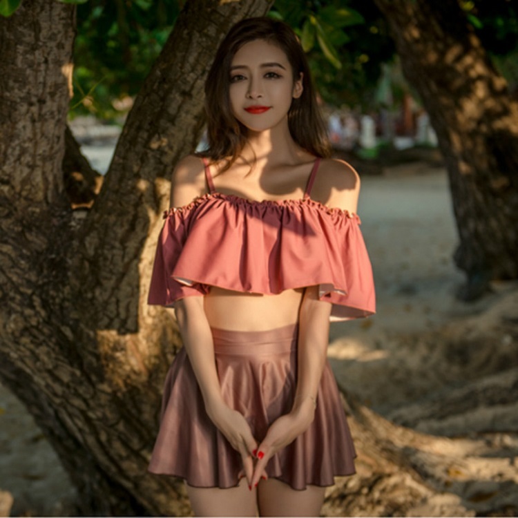 ビキニ 水着 みずぎ セット 3点セット 二の腕カバー 体型カバー レディース 女性用 オフショル風 無地 フリル ふりふり スカート付き ビーチ 海 リゾート プール 大人かわいい Cute ガーリー シンプル 夏 夏休み プチプラ お得 おすすめ 人気 新作 19 Sw0248