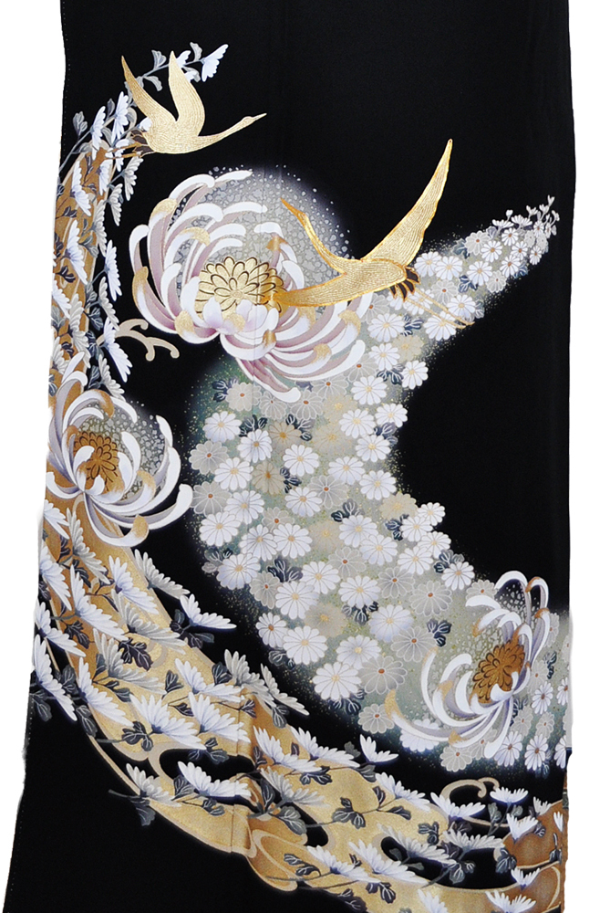 ワイドサイズ(トール&ワイド)■黒留袖レンタル■白銀乱菊金彩鶴kurow1【往復送料無料】 - 画像5