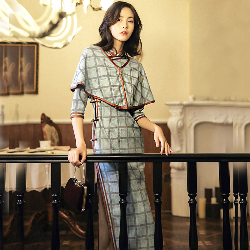 チャイナドレス ショール チャイナ風服 2点セット チャイナ風セットアップ 改良唐装 改良漢服 ノースリーブ 大きいサイズ S M L Ll 3l チェック柄 チャーミング 女子会 同窓会 パーティー ライトブルー 青 Dresszone