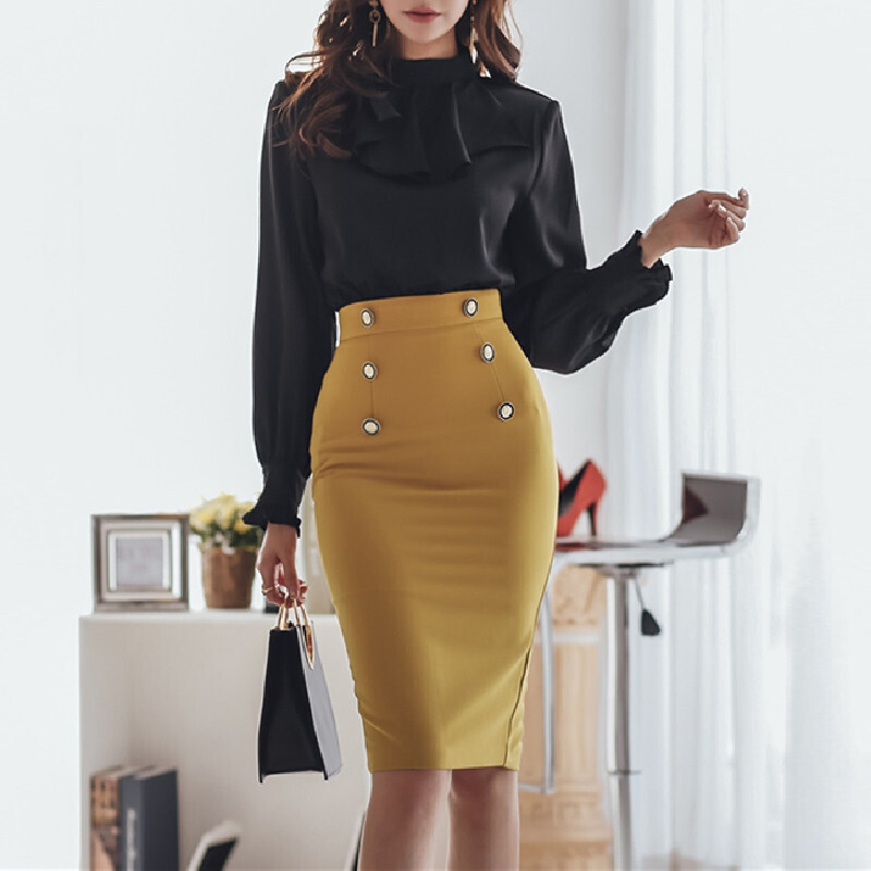 大評判販売中 長袖オシャレワンピース Ol フォーマル 高品質 無地 ブラック イエロー S M L Ll Dresszone