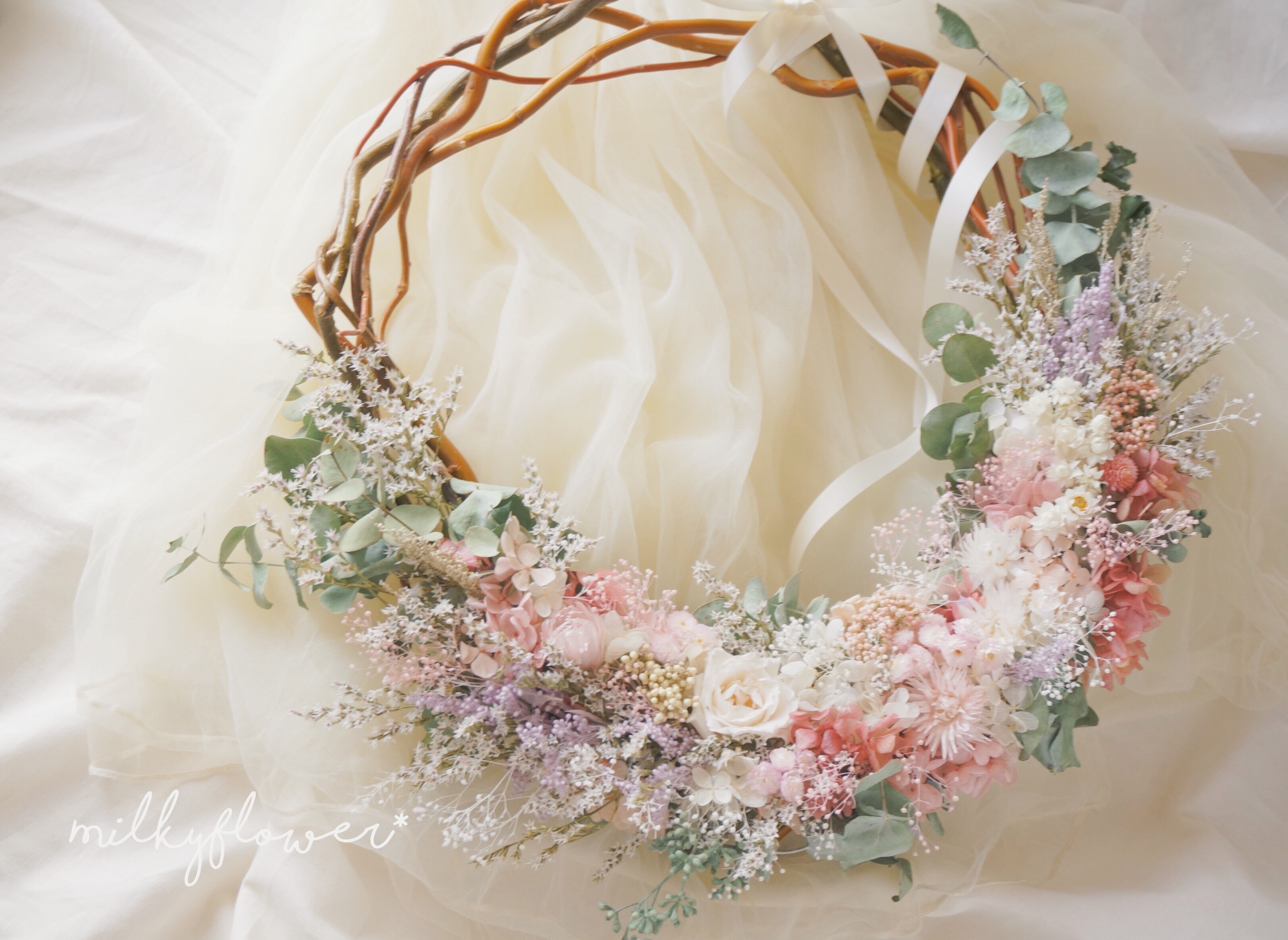 ナチュラルユーカリ Milkyピンクのリースブーケ Milkyflower