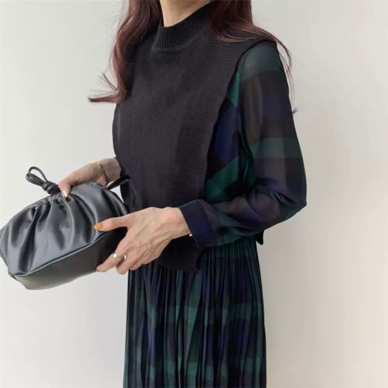 グリーンチェック プリーツワンピース プリーツロングスカート ベスト付き ロングスリーブ ワンピース 9style